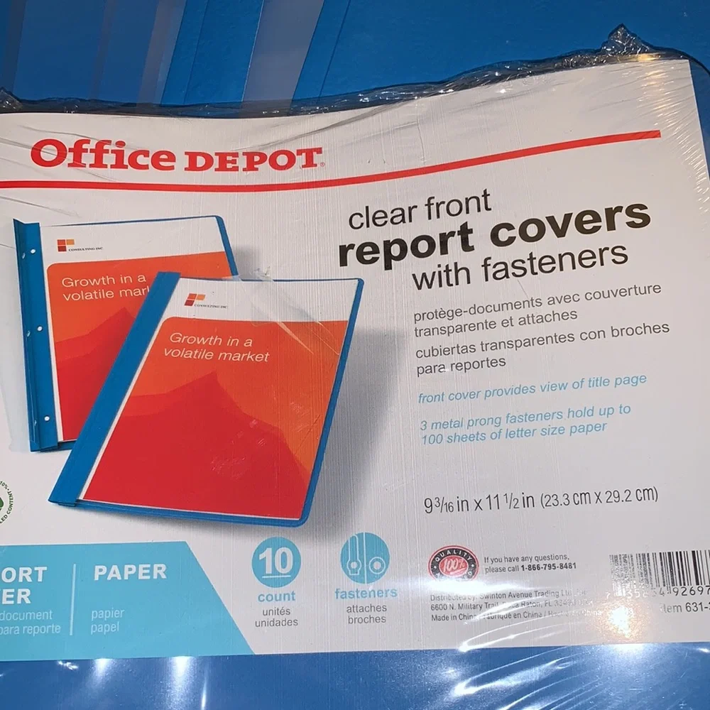 Office Depot clear front report covers with fasteners - blue 18 count